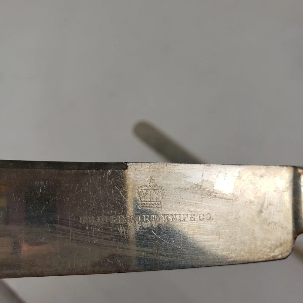 Antique Bridgeport Knife Co Mother of Pearl Handle Silver Plate Knives Set of 2